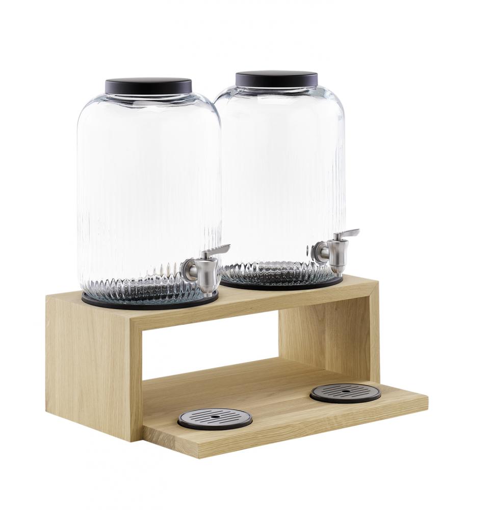 Valo - 2er Getränkespender aus Glas, 2 x 7 ltr. inkl. Basis, Eichenholz geölt